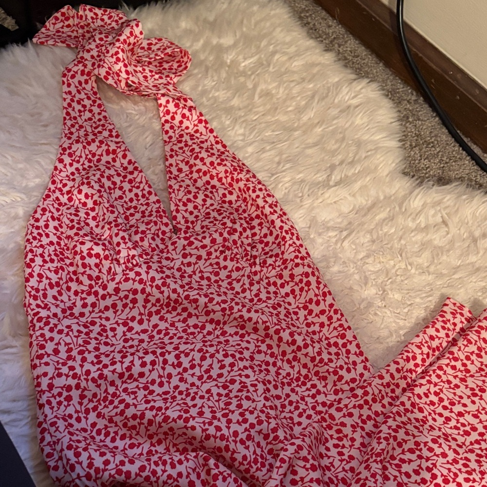 Red and cream floral halter midi dress